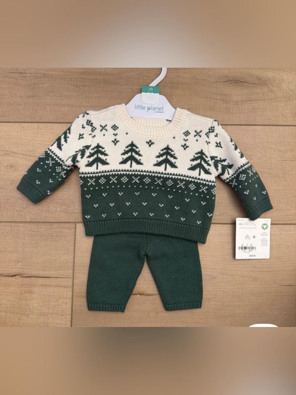 NWT- New Born Little Planet Baby Green & Cream Knit Tree Sweater Set